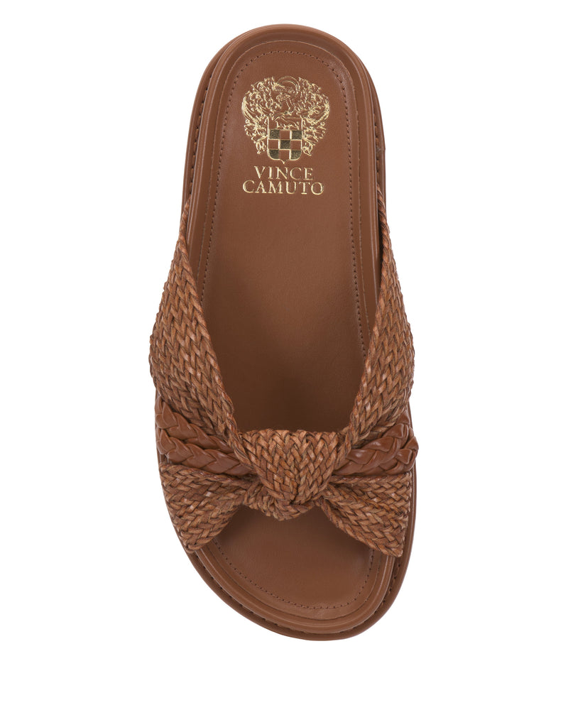 Top view of the Gryfynn Slide by Vince Camuto—an open-toe sandal with twisted braid detail and gold logo on the cushioned sole. This chic slip-on offers comfort and effortless everyday style.