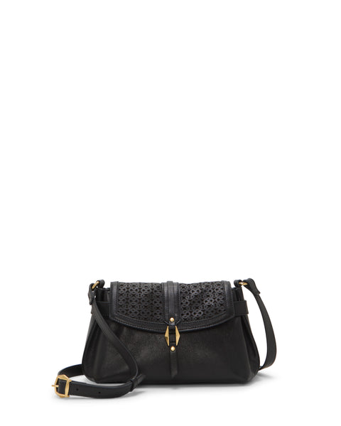 The Vince Camuto Hadley Crossbody Bag features black leather, a perforated flap, gold-tone buckle and hardware, and an adjustable shoulder strap, shown against a white background.