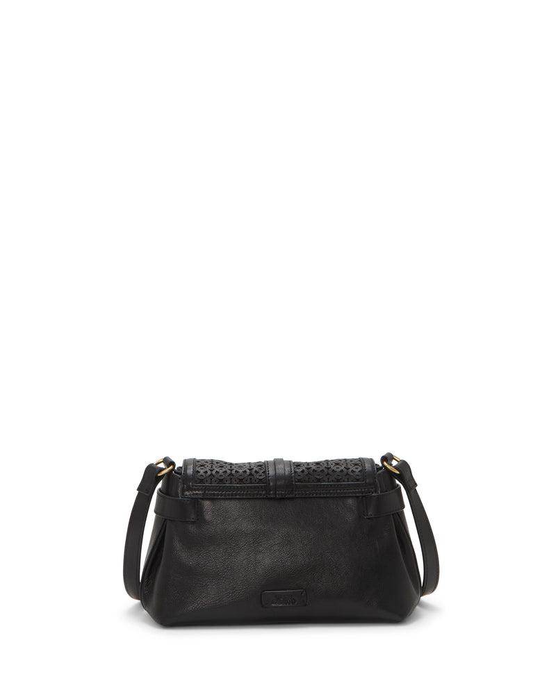 The Vince Camuto Hadley Crossbody Bag features black leather, a textured flap, gold hardware, and an adjustable shoulder strap, displayed against a plain white background.