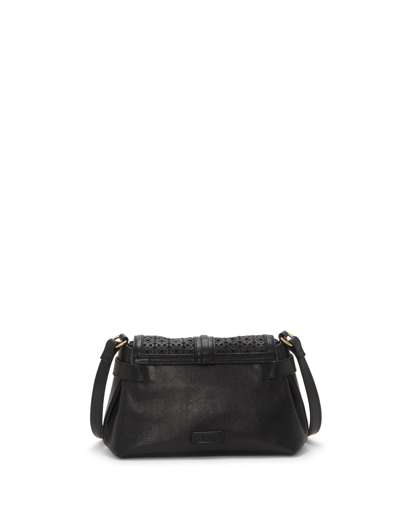 The Vince Camuto Hadley Crossbody Bag is a black leather shoulder bag featuring an adjustable strap and cutout detailing on the flap, ideal for adding style to any outfit. Shown against a simple white background.