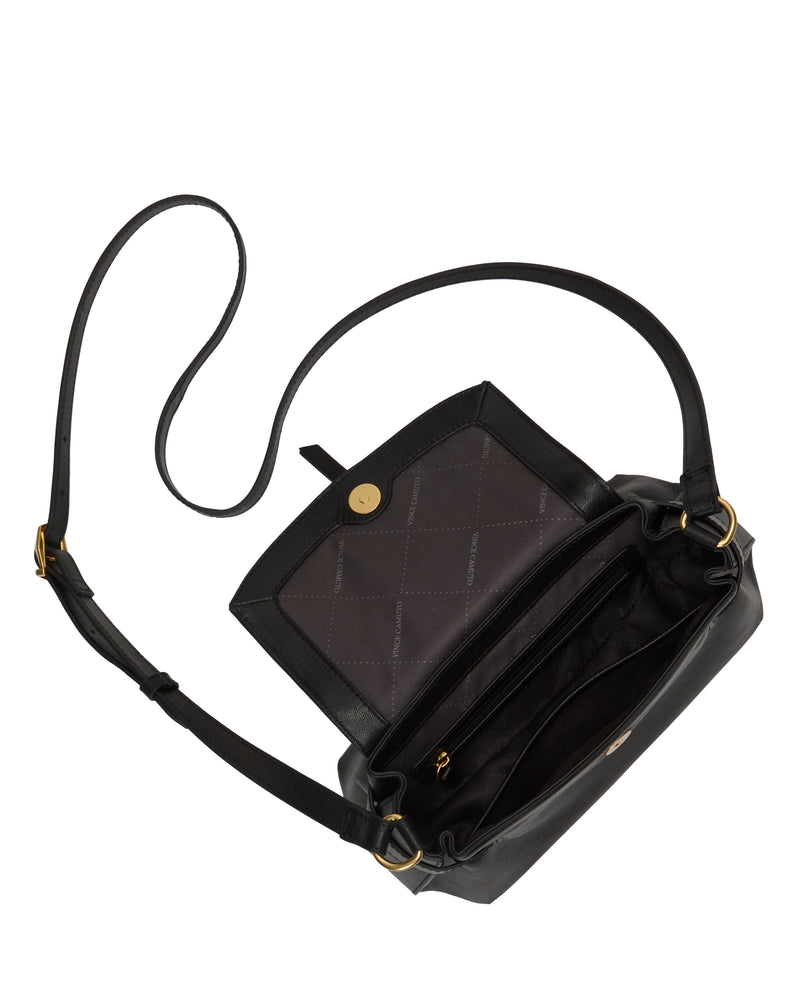 The Hadley Crossbody Bag by Vince Camuto is shown on a white background with its flap open, revealing quilted lining, a zippered compartment, and gold hardware on the strap and snap closure.