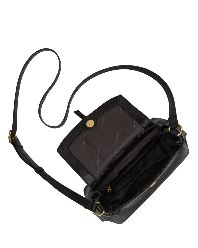 The Vince Camuto Hadley Crossbody Bag is a black leather bag with a gold clasp, featuring quilted lining on the flap and a zippered pocket inside. An attached adjustable strap makes it perfect for stylish everyday wear.