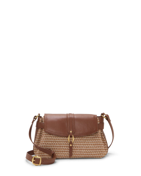 The Hadley Crossbody Bag by Vince Camuto features a classic, structured shape with a woven beige and brown body, brown leather flap and strap, gold buckle detail, and front gold clasp for stylish everyday use.
