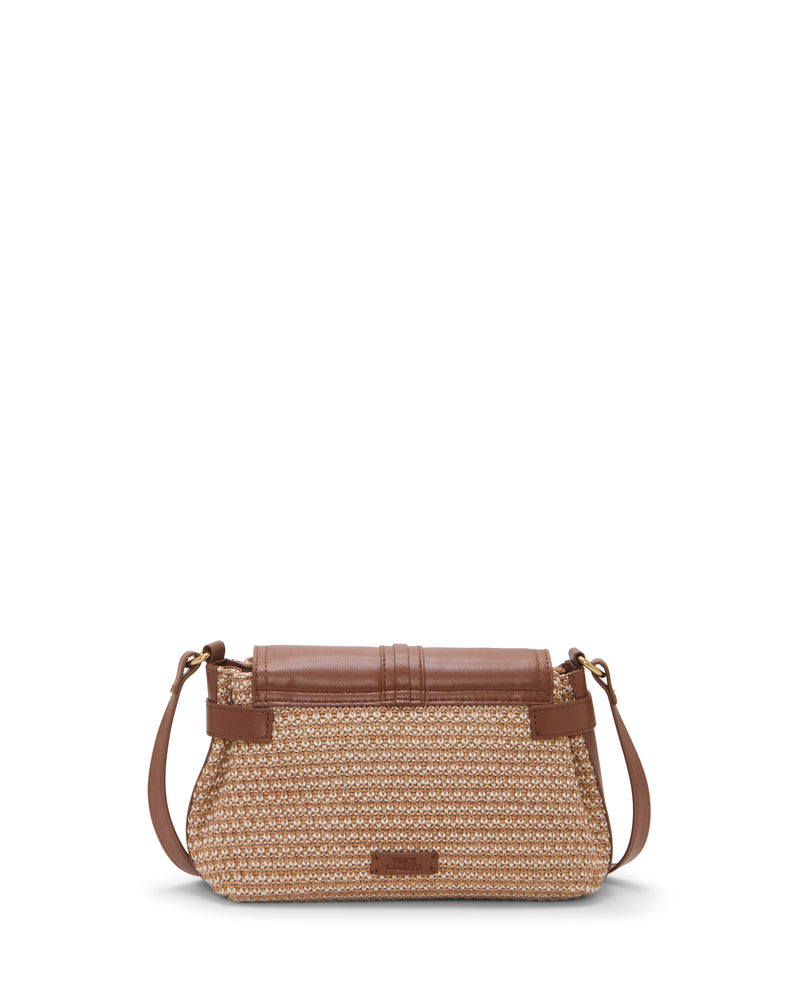 The Vince Camuto Hadley Crossbody Bag features a woven tan and brown design, brown leather flap and trim, adjustable shoulder strap, rectangular shape, and a subtle brand label on the front.