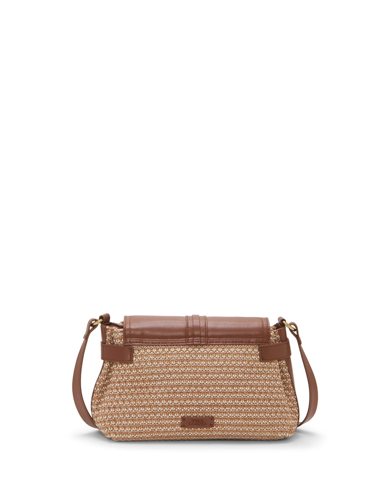 The Hadley Crossbody Bag by Vince Camuto features a woven straw body, brown leather flap, trim, and adjustable strap—ideal for everyday style, shown against a white background.