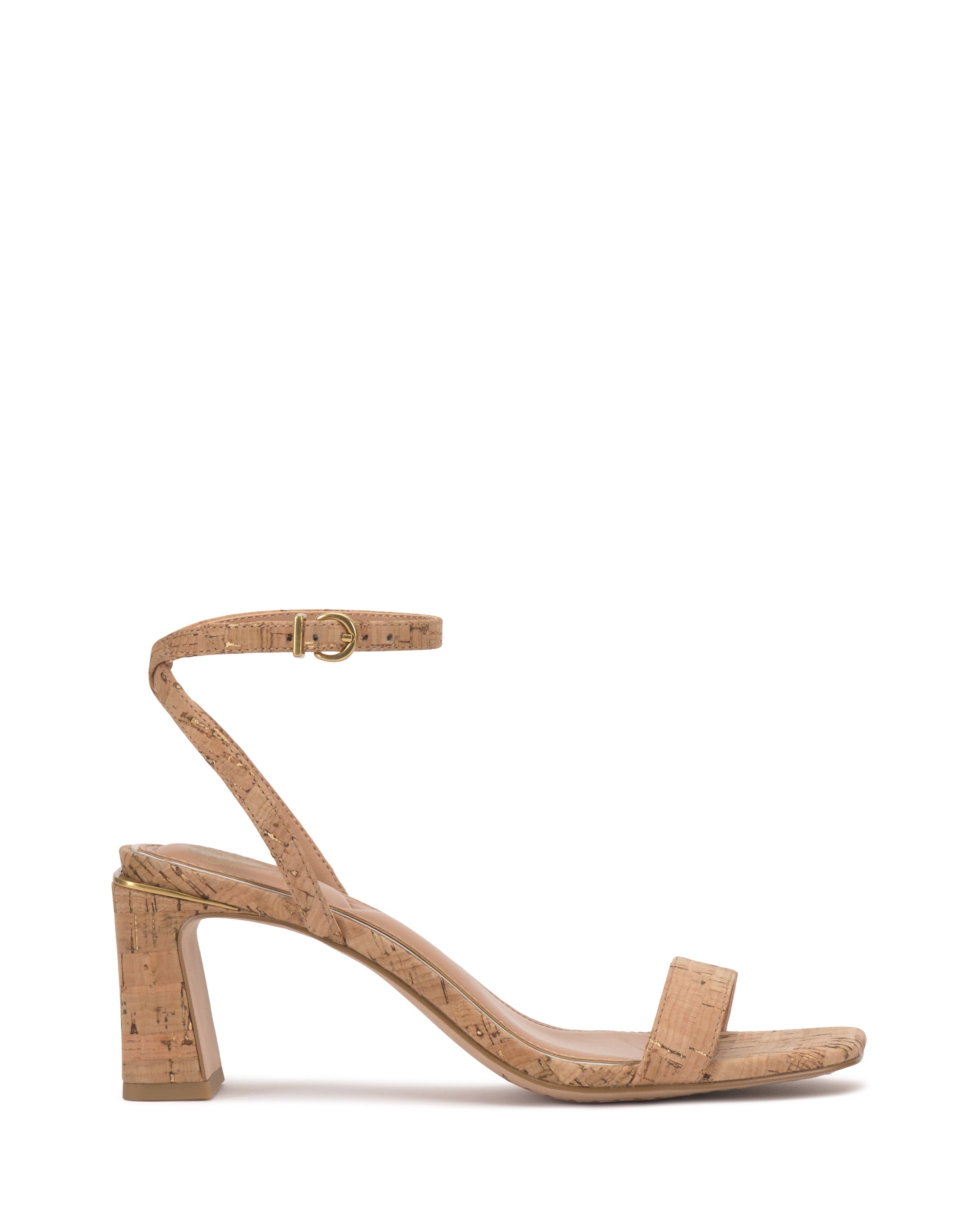The Vince Camuto Hamda Sandal features a cork-textured block heel, minimalist open toe design, thin toe strap, and adjustable ankle buckle. Shown in profile against a white background.