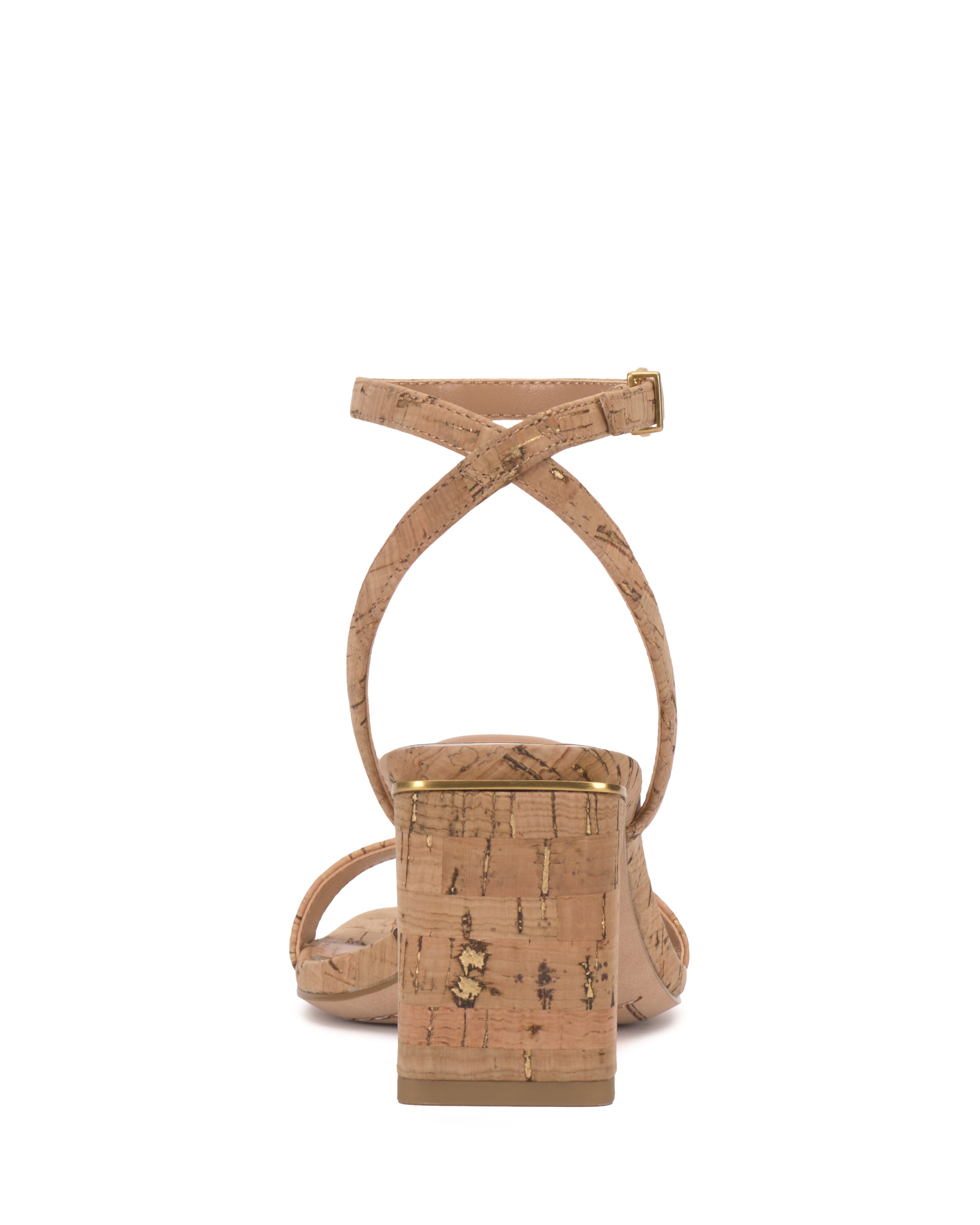 The Vince Camuto Hamda Sandal features a cork-textured block heel, low heel height, adjustable ankle strap, and minimalist crisscross design in the rear view.