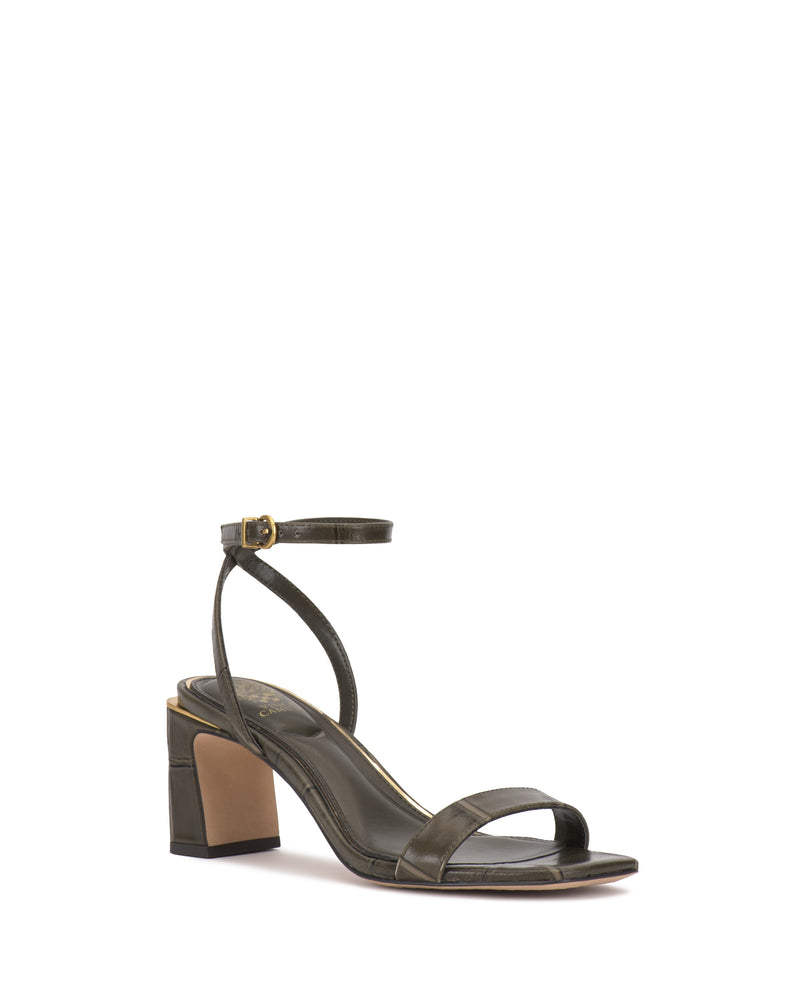 Minimalist olive green Hamda Sandal featuring a square toe, block heel, and adjustable ankle strap.