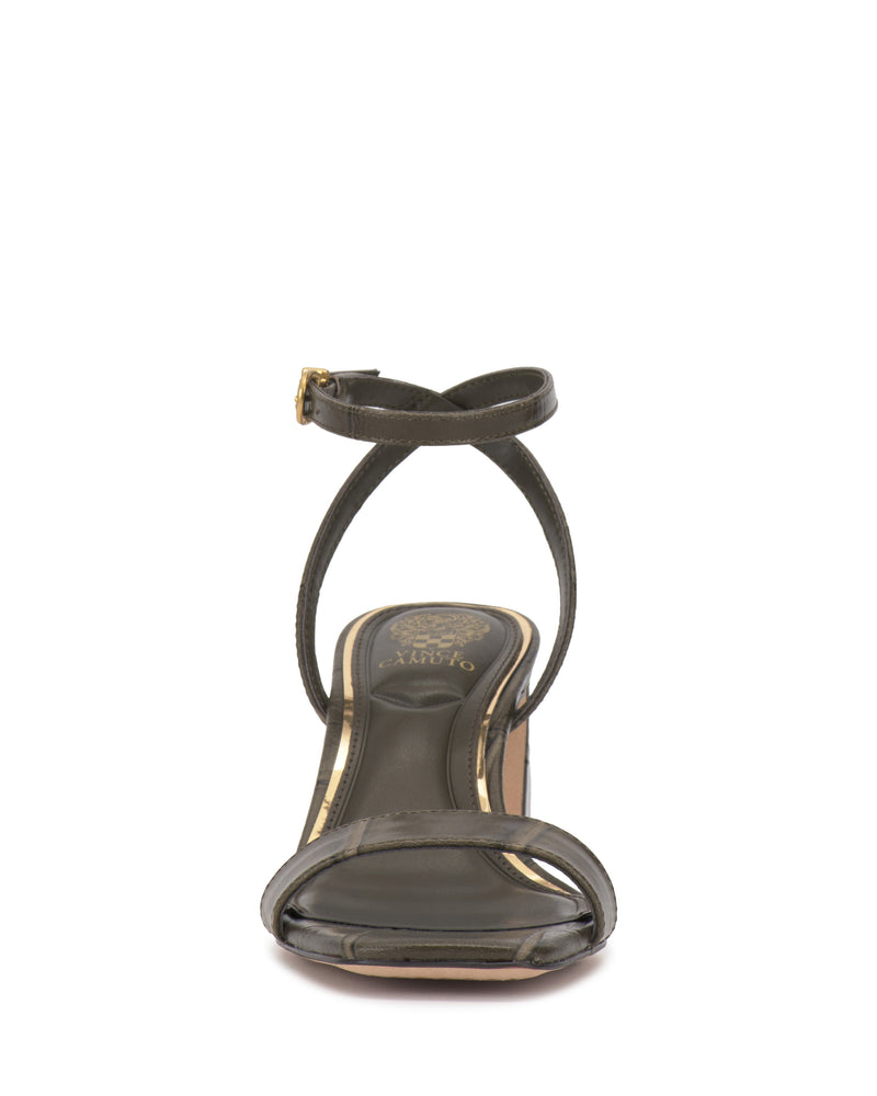 Vince Camuto Hamda olive green minimalist block-heel sandal with an adjustable ankle strap and gold-tone buckle.