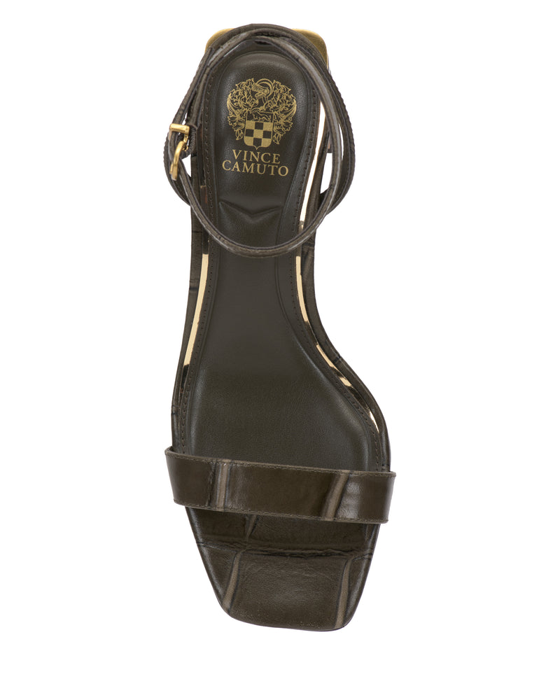 Vince Camuto Hamda dark olive minimalist block-heel sandal with an adjustable ankle strap, a square toe, and a gold-toned heel.