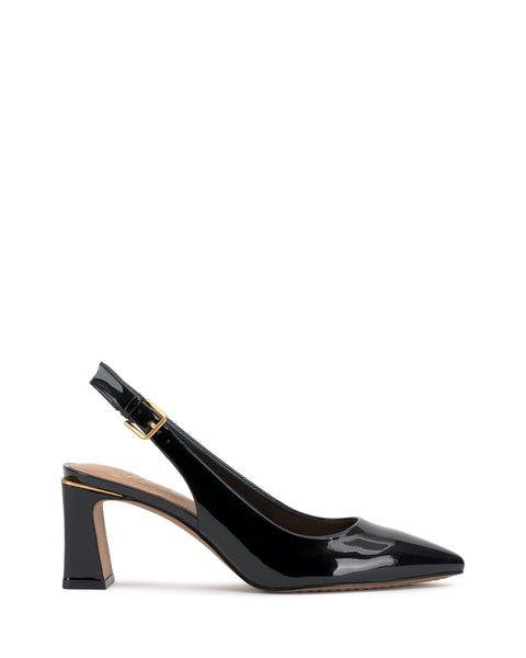 Vince Camuto Hamden Buckle Slingback black pointed-toe pump featuring a gold buckle and a flared block heel.