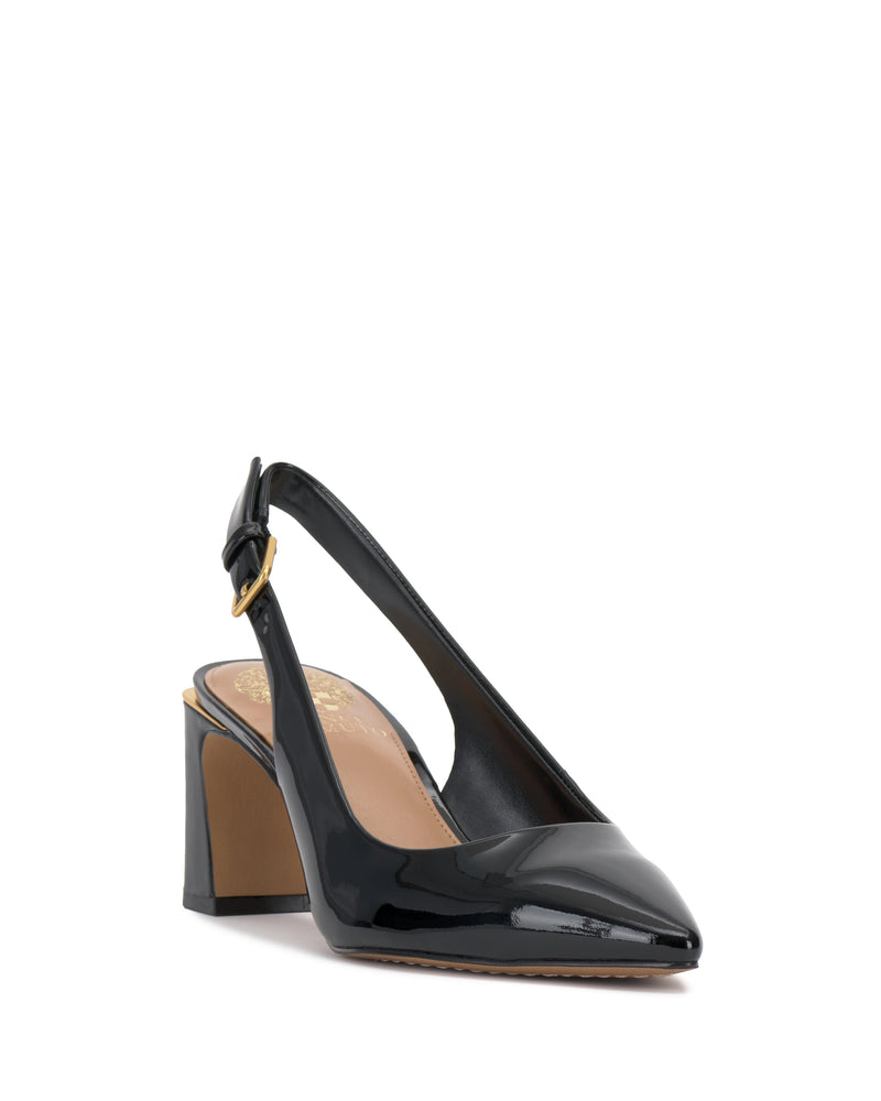Vince Camuto Hamden Buckle Slingback in black patent leather, featuring a pointed toe, thick block heel, and gold-toned buckle.