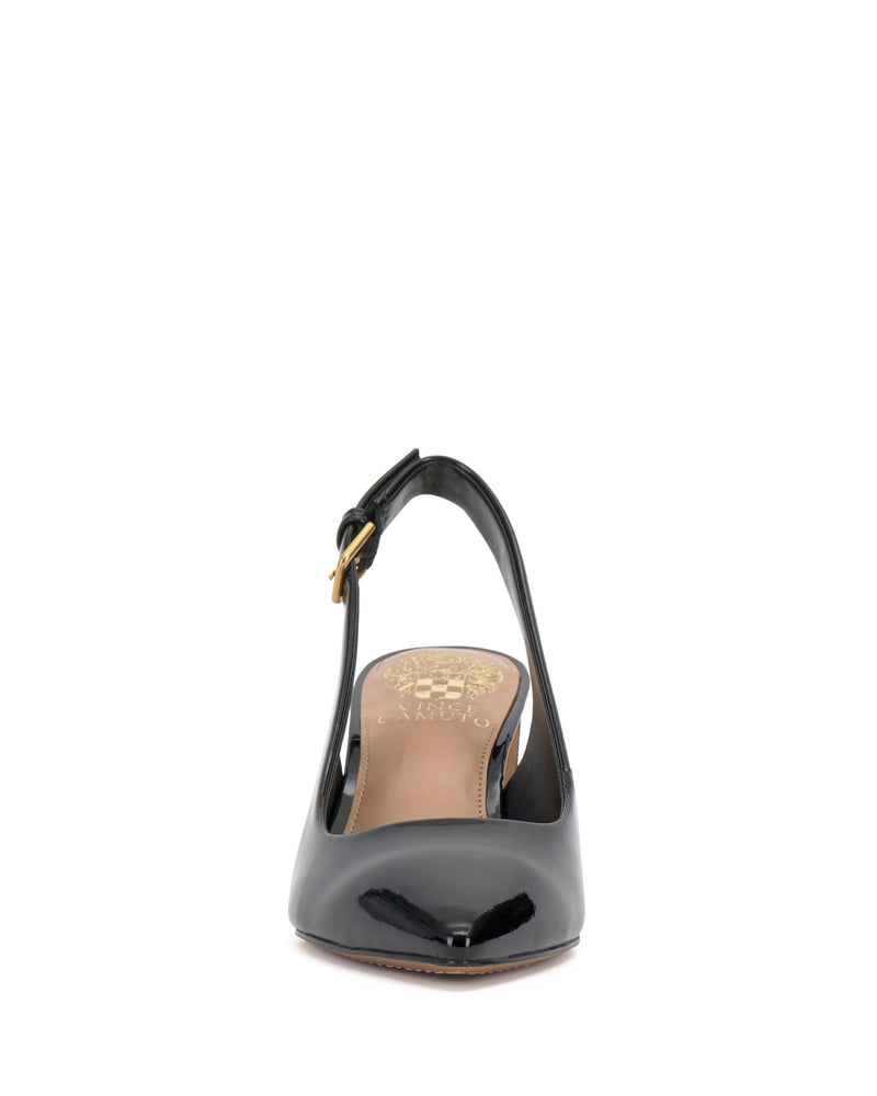 Black Vince Camuto Hamden Buckle Slingback pump featuring a pointed toe, gold buckle, and block heel.