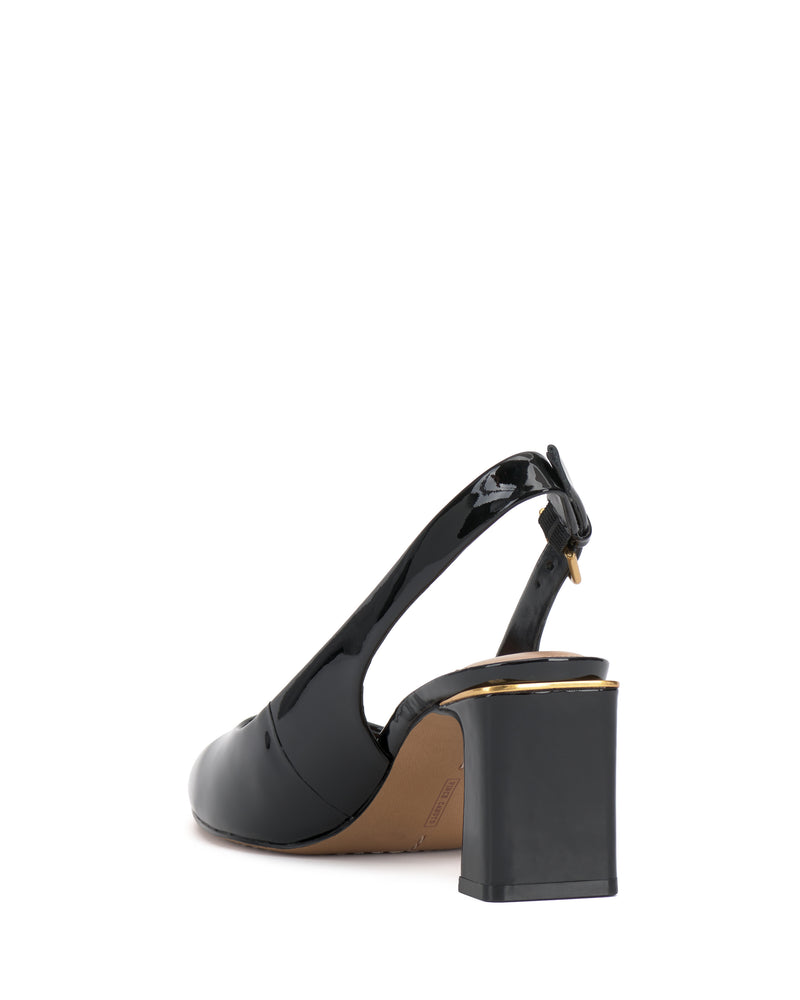 Vince Camuto Hamden Buckle Slingback black pointed-toe pump with a block heel and gold-toned buckle detail.