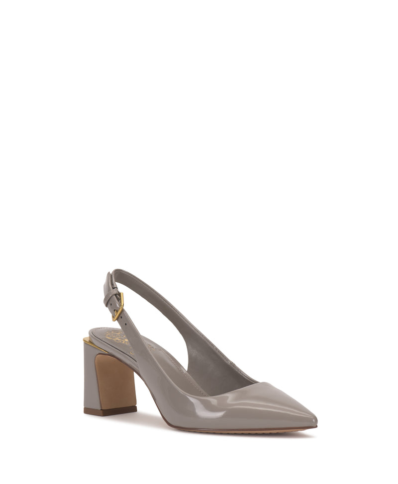 A single Vince Camuto Hamden Buckle Slingback in gray patent leather, featuring a stylish slingback design, pointed toe, medium block heel, and a gold buckle on the ankle strap.