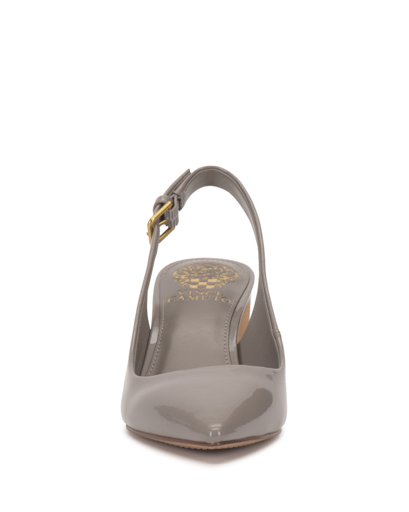 Front view of the Hamden Buckle Slingback by Vince Camuto in gray patent leather, featuring a pointed toe, a flat sole, and a side strap with a gold buckle. The insole is detailed with a gold logo design.