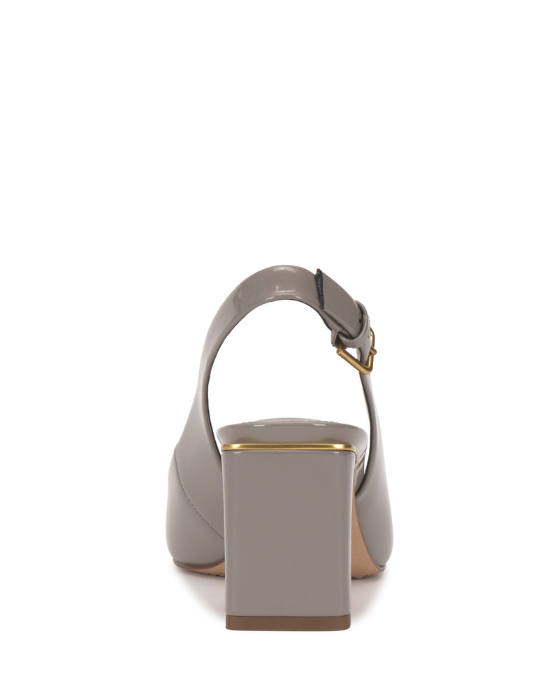 Rear view of a single light gray Vince Camuto Hamden Buckle Slingback pump, featuring a slingback ankle strap with a gold buckle and block heel, against a white background.