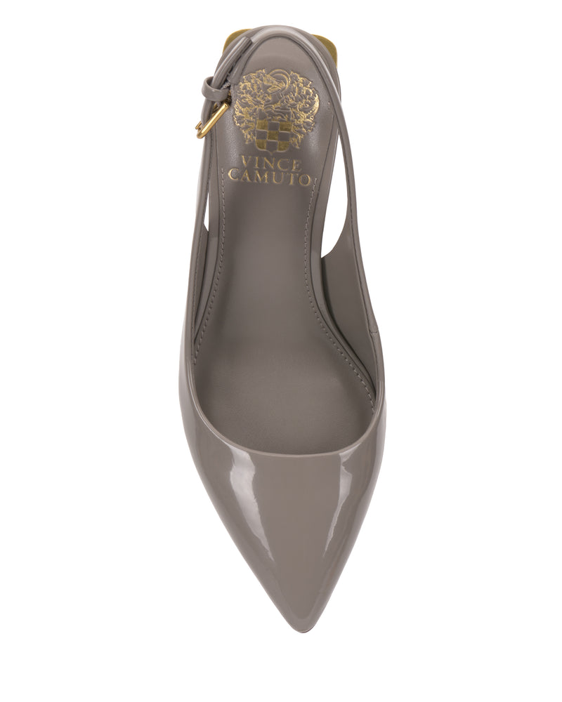 A top view of the Hamden Buckle Slingback by Vince Camuto, showcasing its taupe patent leather, pointed toe, sophisticated slingback strap, sturdy block heel, and gold emblem printed on the insole.