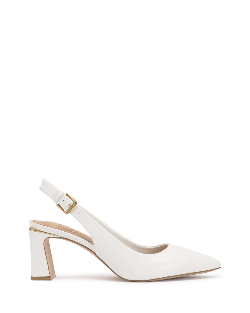 Vince Camuto Hamden Buckle Slingback in white leather with a pointed-toe, gold buckle, and mid-height block heel.