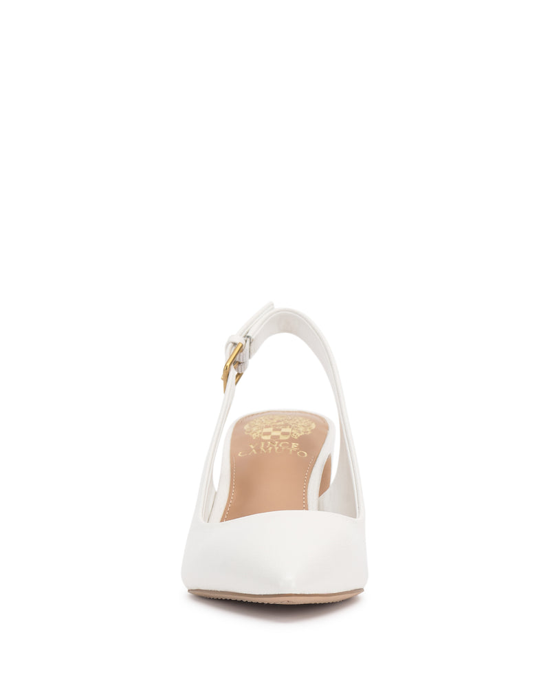 Vince Camuto Hamden Buckle Slingback white pointed-toe pump with an adjustable gold-tone buckle strap.