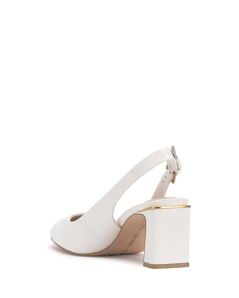 Vince Camuto Hamden Buckle Slingback in white textured leather, featuring a point-toe design, a mid-height block heel, and gold-toned metal trim.