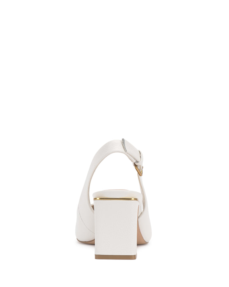 Rear view of the white leather Vince Camuto Hamden Buckle Slingback pump featuring a mid-height block heel and an adjustable buckle strap.