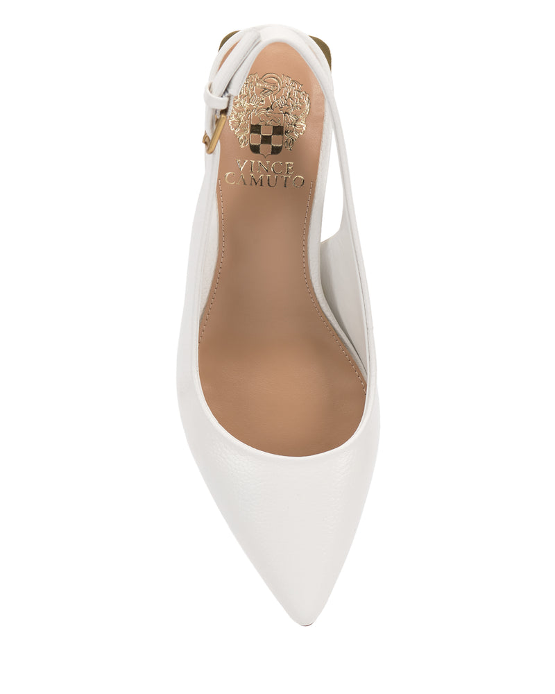 Vince Camuto Hamden Buckle Slingback in white leather, featuring a mid-height pump silhouette, a pointed toe, and an adjustable side buckle.