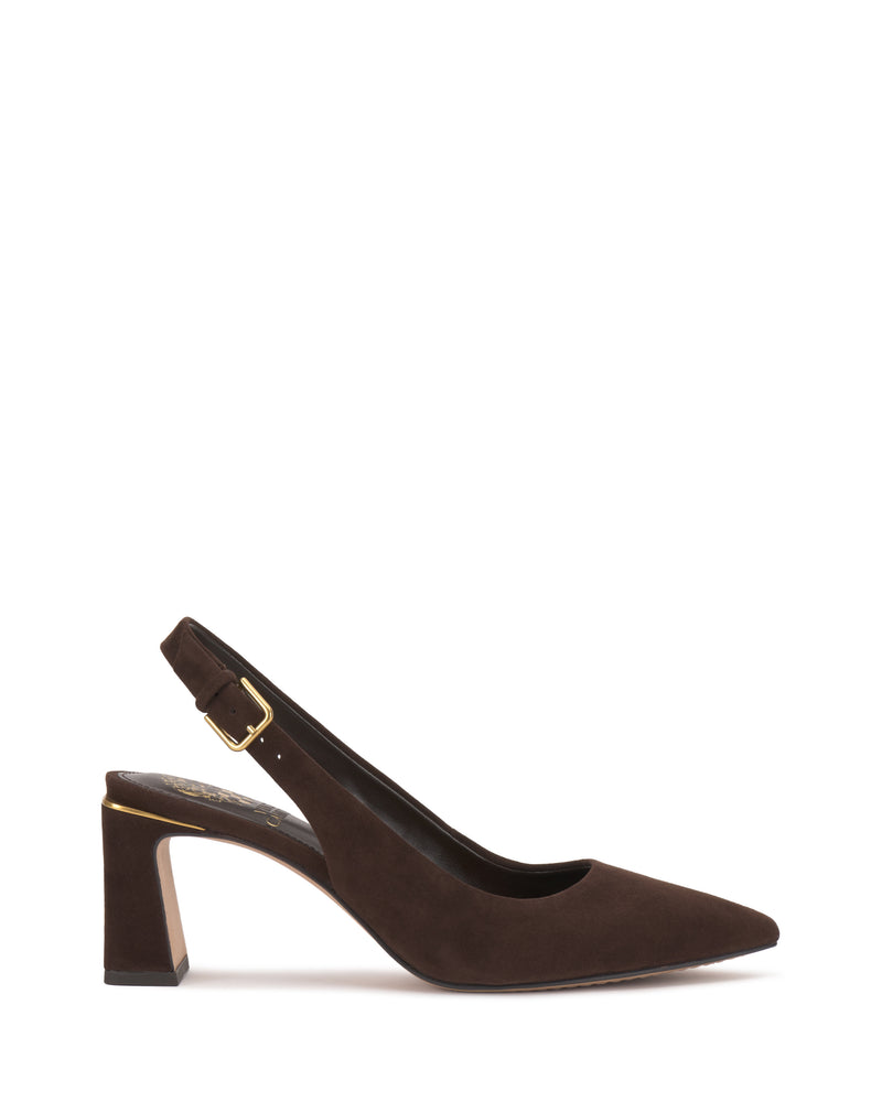 The Vince Camuto Hamden Buckle Slingback is a dark brown suede pump with a pointed toe, mid block heel, and gold ankle strap buckle, shown in profile against a white background.