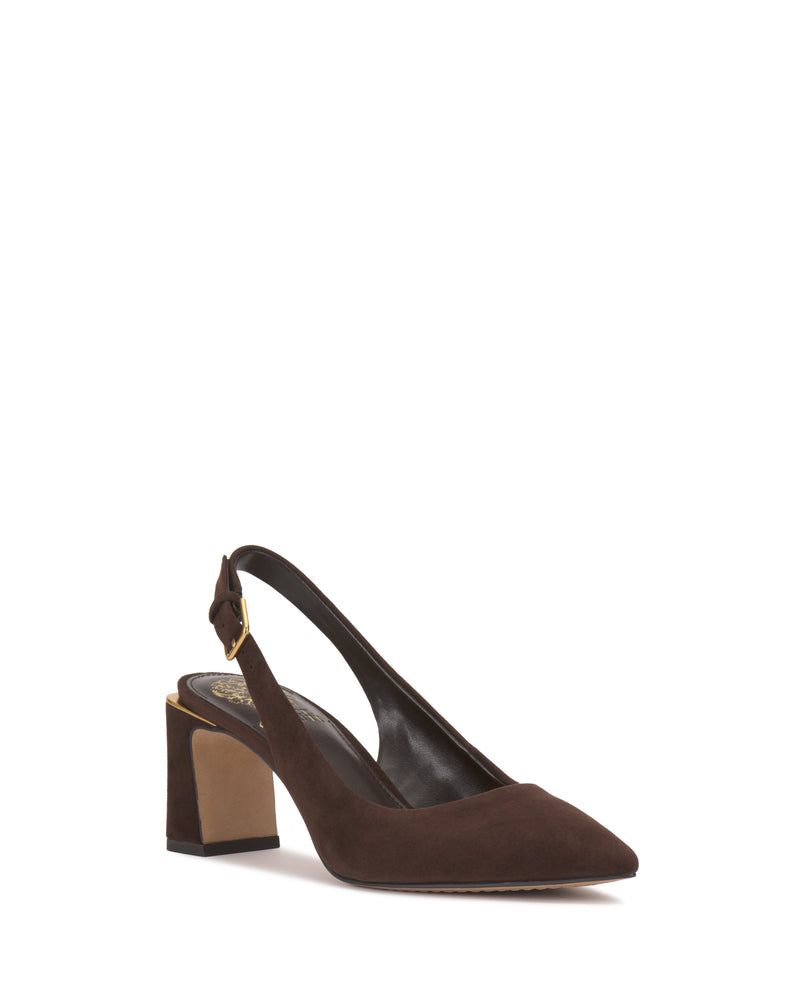 The Vince Camuto Hamden Buckle Slingback is a brown suede pump with a pointed toe, block heel, and gold-buckled adjustable slingback ankle strap, shown on a white background.