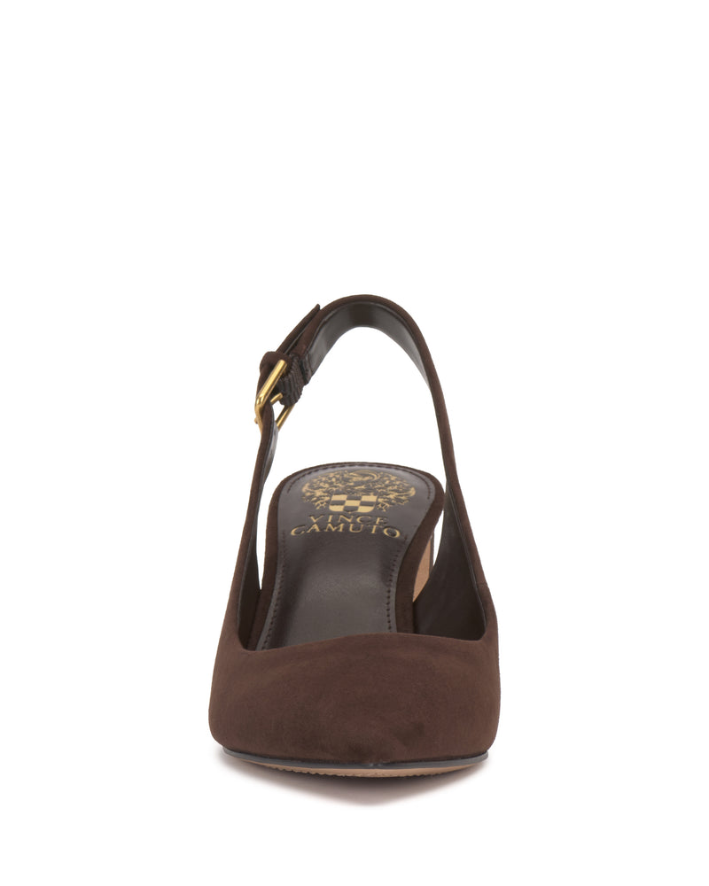 Front view of the brown suede Hamden Buckle Slingback by Vince Camuto, featuring a closed toe, black insole with gold branding, and an adjustable ankle strap with a gold buckle.