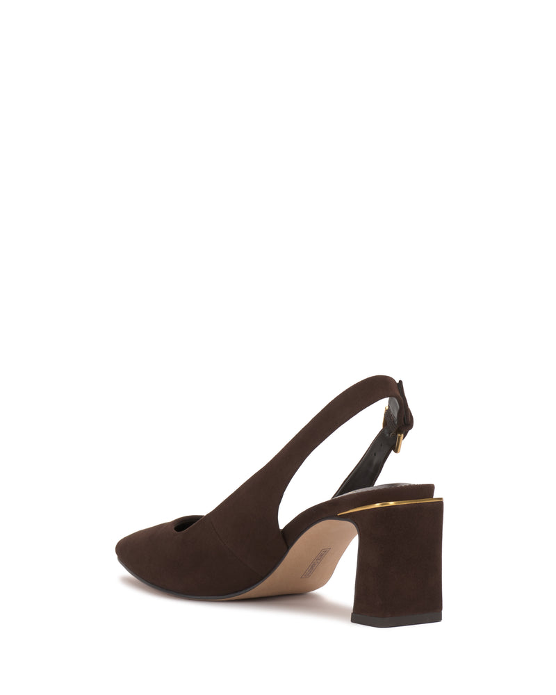 The Vince Camuto Hamden Buckle Slingback is a dark brown suede shoe with a pointed toe, mid block heel, and ankle strap featuring a gold buckle. Matching suede covers the sole and heel for a polished finish.