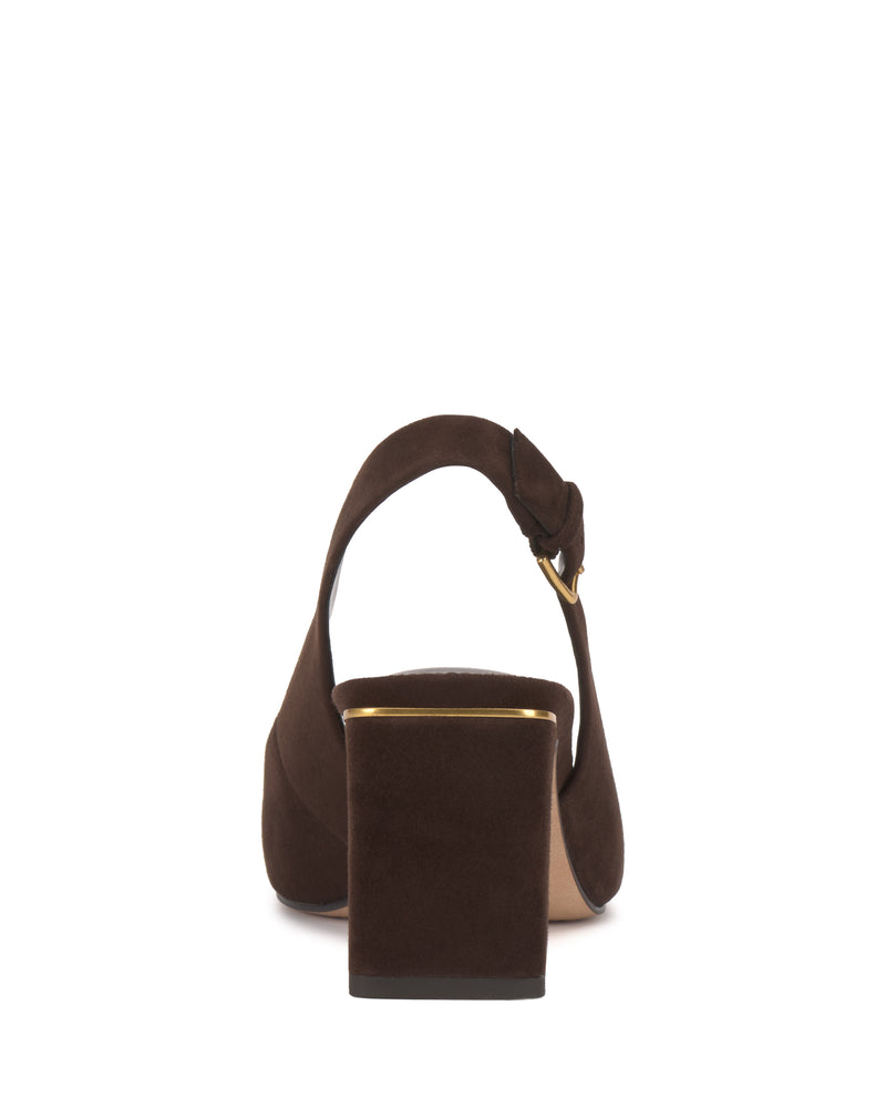 The Vince Camuto Hamden Buckle Slingback is shown from the back in brown suede, featuring a closed heel, a block heel with gold trim, and an ankle strap with a buckle.