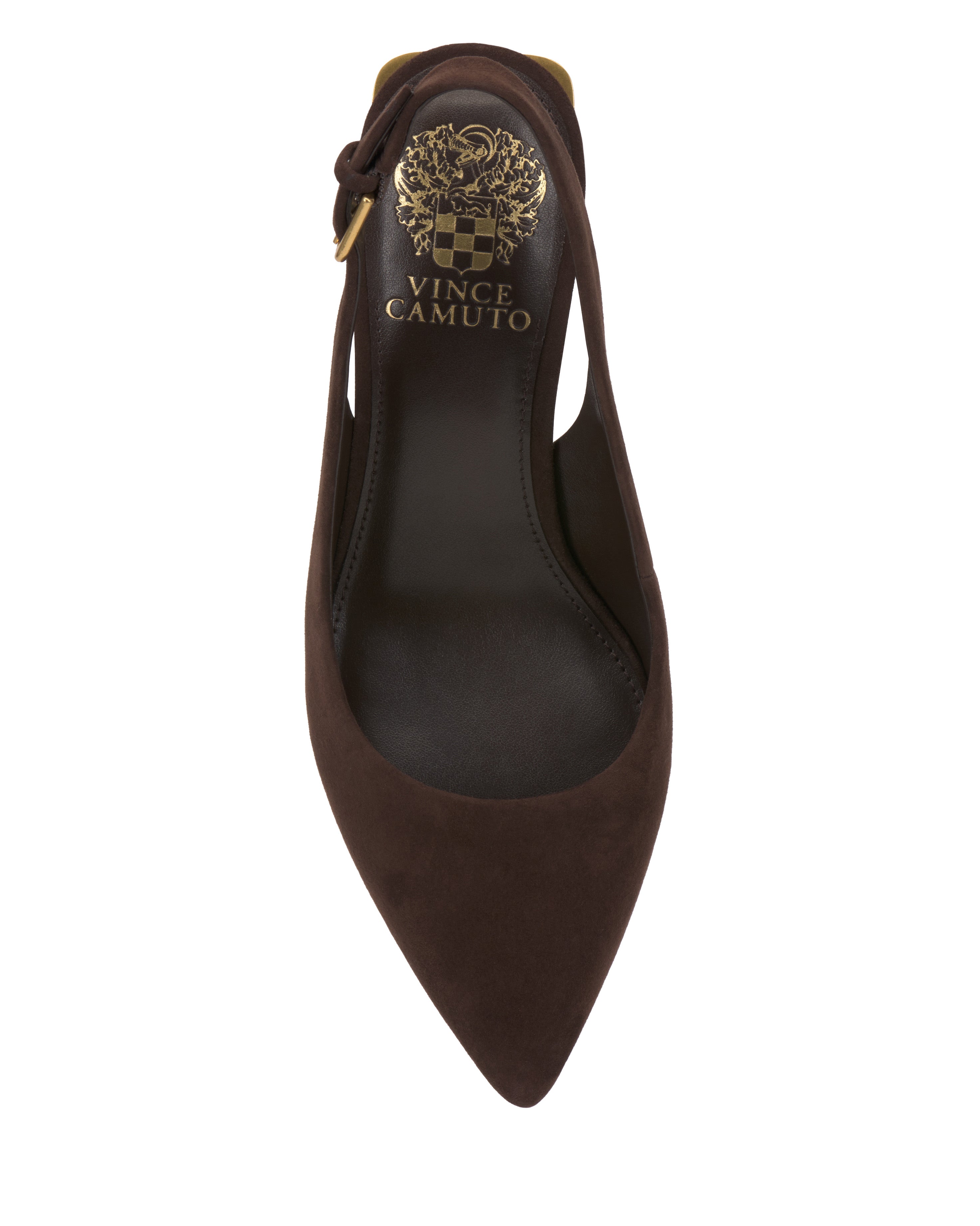 A top view of the Hamden Buckle Slingback by Vince Camuto: a brown suede pointed-toe flat with cutout side and ankle strap, showcasing the gold Vince Camuto logo on a black insole and chic slingback-inspired details.