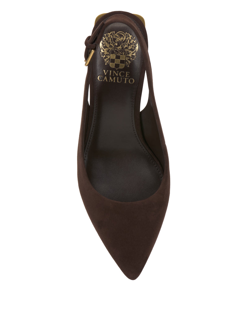 A top view of the Hamden Buckle Slingback by Vince Camuto: a brown suede pointed-toe flat with cutout side and ankle strap, showcasing the gold Vince Camuto logo on a black insole and chic slingback-inspired details.