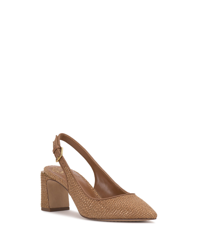The Hamden Buckle Slingback by Vince Camuto is a tan woven pump with a pointed toe, block heel, and gold buckle on the ankle strap. It offers a textured finish and classic, elegant style.