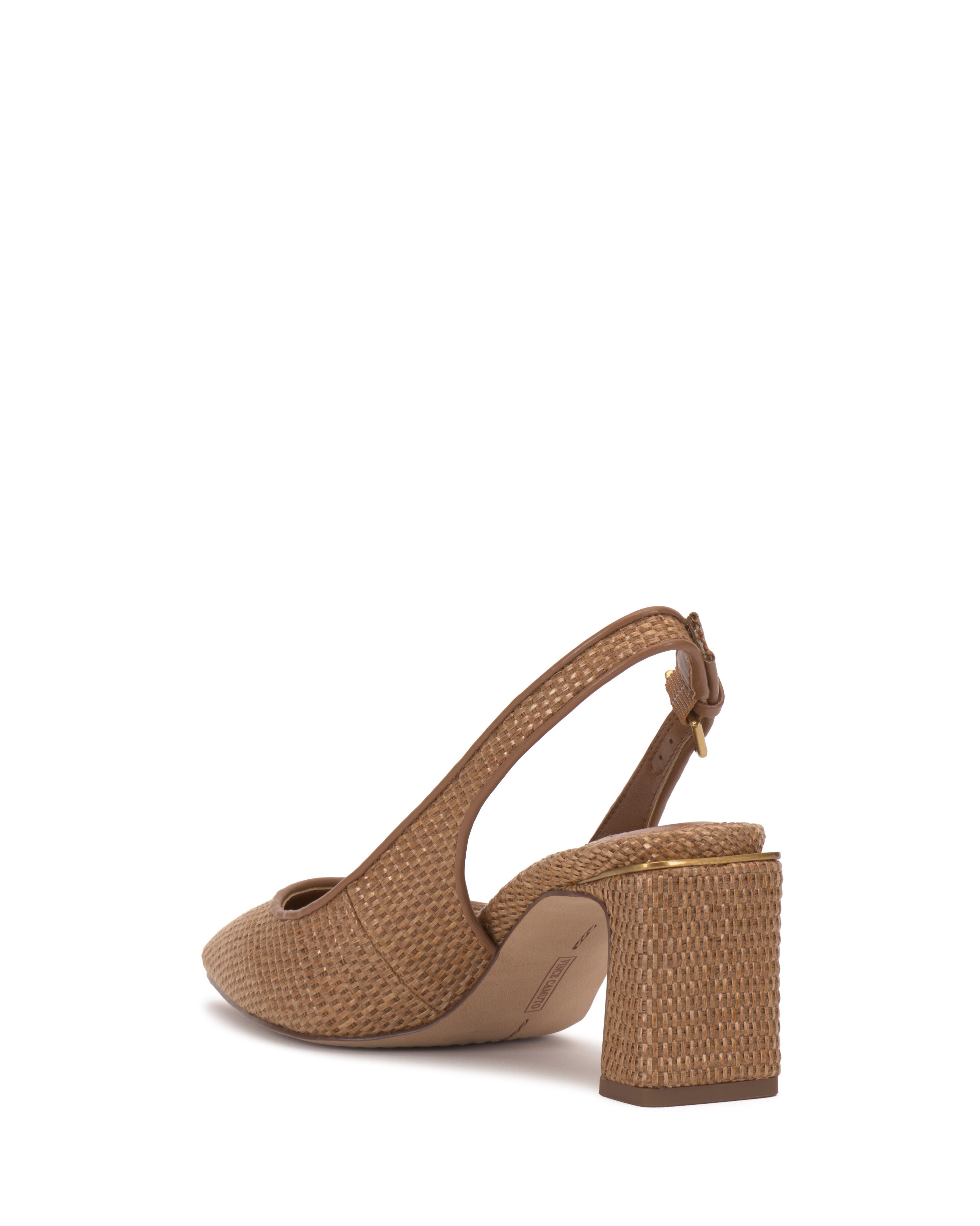 The Vince Camuto Hamden Buckle Slingback is a brown woven pump with a block heel, pointed toe, and rear slingback buckle strap, displayed from a rear side angle on a white background.