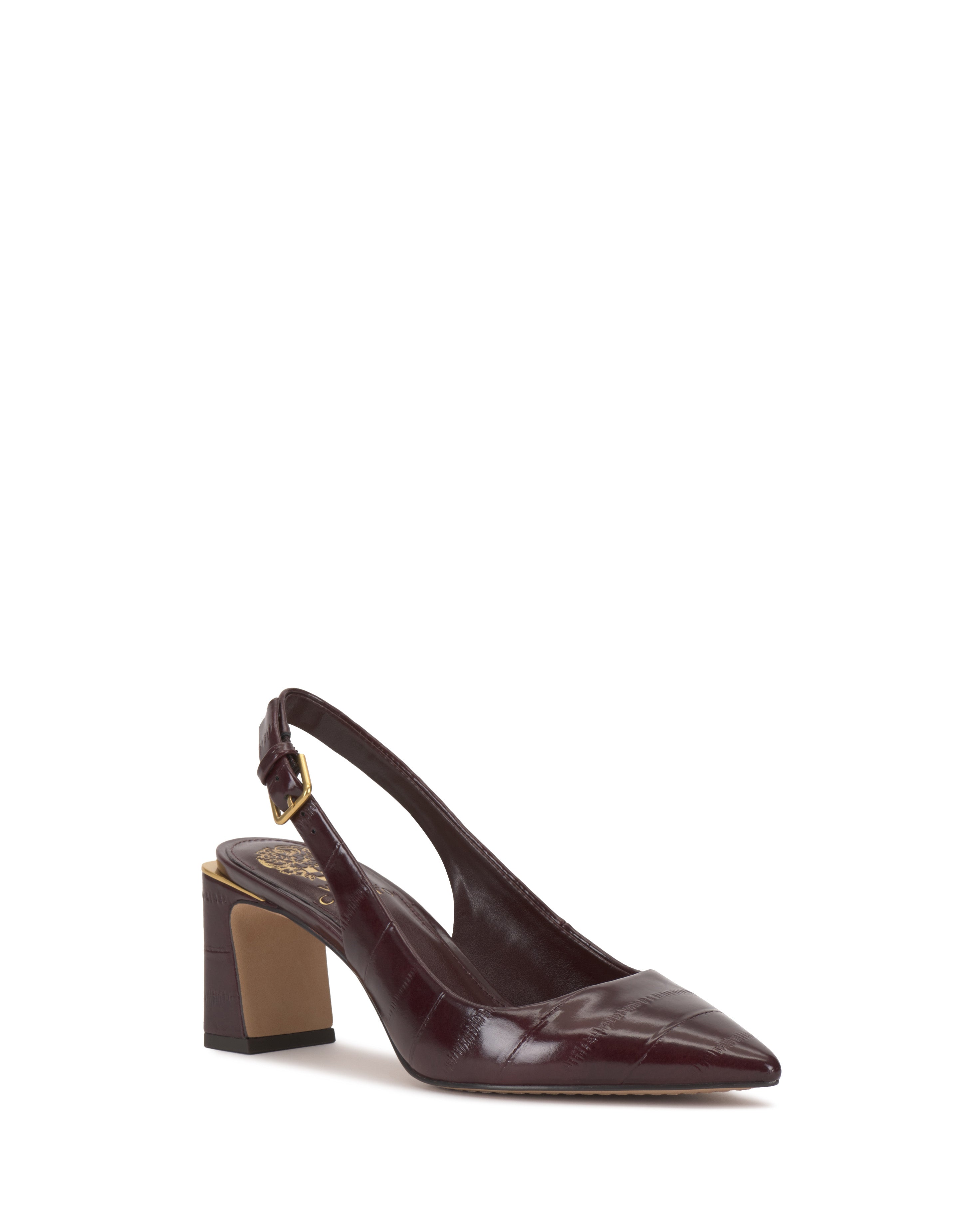 The Vince Camuto Hamden Buckle Slingback is a burgundy pump with a pointed toe, low block heel, slingback buckle strap, and subtly textured leather.
