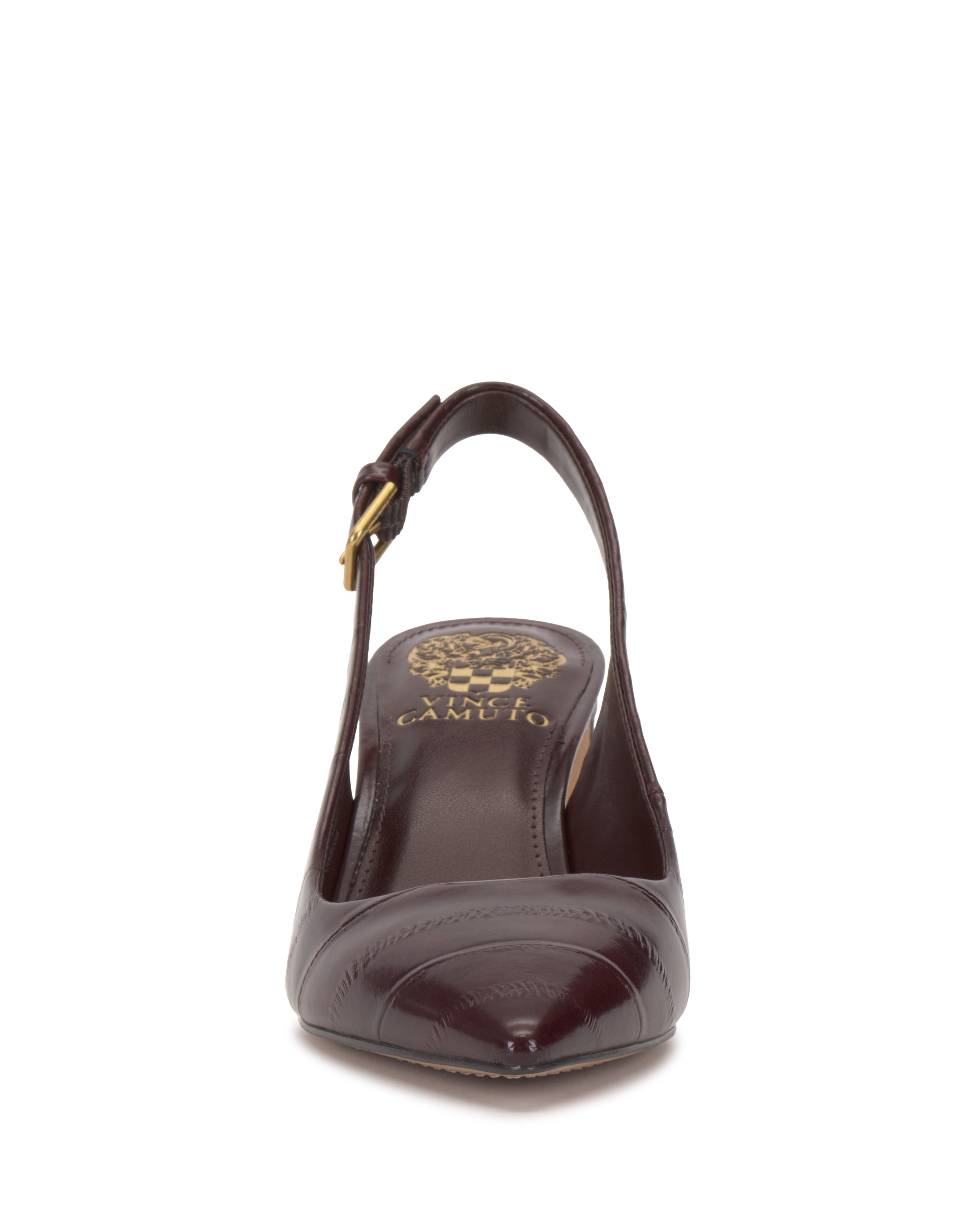 Front view of the Vince Camuto Hamden Buckle Slingback in dark brown leather, featuring a pointed toe, gold buckle, gold logo on the insole, and a sleek block heel.