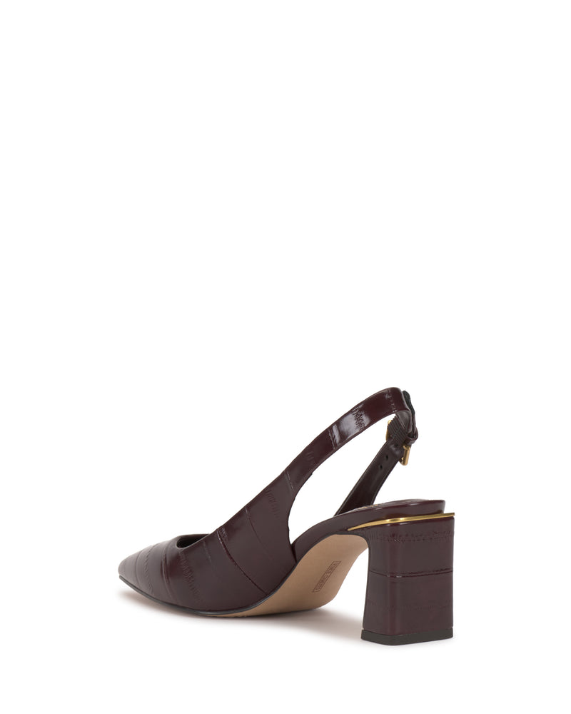 The Vince Camuto Hamden Buckle Slingback is a dark brown, crocodile-textured pump featuring a pointed toe, open heel, block heel, and adjustable ankle strap—shown against a white background.