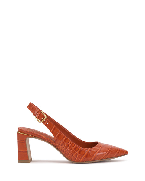 The Vince Camuto Hamden Buckle Slingback showcases a vibrant orange, crocodile-textured slingback design with a pointed toe, mid-height block heel, and an adjustable gold buckle strap, displayed in side profile against a white background.