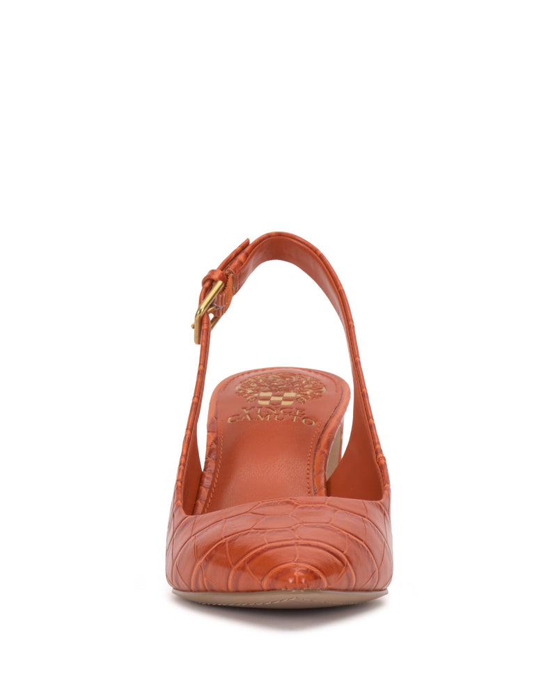 Front view of the Vince Camuto Hamden Buckle Slingback, a women’s shoe in orange with crocodile-textured material, featuring a pointed toe, block heel, and gold buckle on the ankle strap.