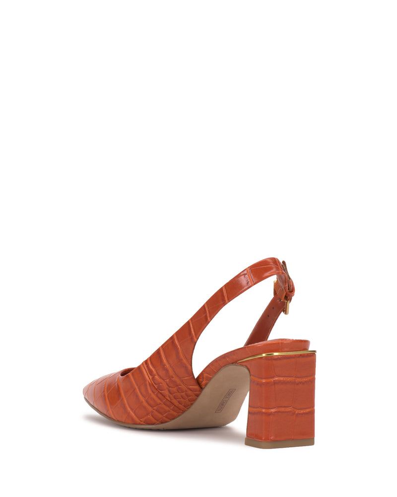 The Vince Camuto Hamden Buckle Slingback in orange crocodile texture features a pointed toe and block heel, showcased from the back left angle to emphasize its distinctive slingback strap and buckle detailing.