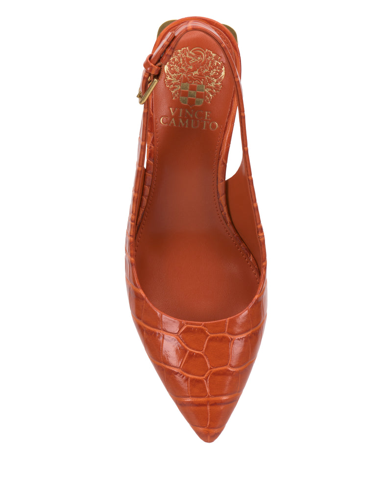 Top view of the orange Hamden Buckle Slingback by Vince Camuto, featuring crocodile-embossed texture, a pointed toe, small buckle strap, block heel, and gold Vince Camuto logo printed on the insole.