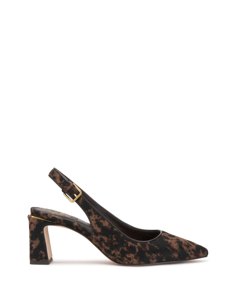 The Vince Camuto Hamden Pump features a brown and black animal print design, a square toe, mid-height block heel, and a gold buckle on the ankle strap, displayed on a white background.