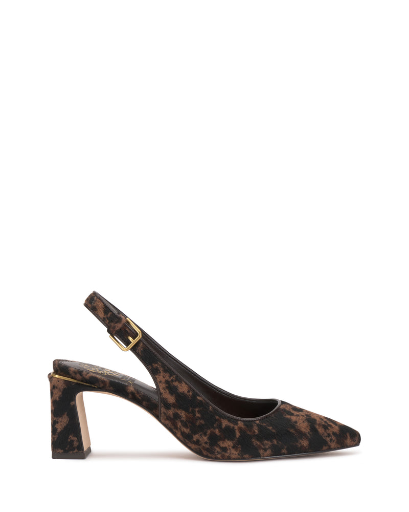 The Vince Camuto Hamden Pump features a brown and black animal print design, a square toe, mid-height block heel, and a gold buckle on the ankle strap, displayed on a white background.