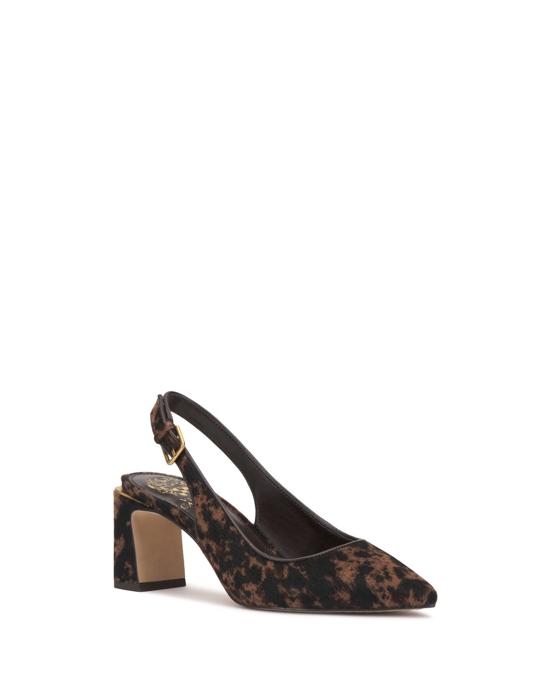 The Vince Camuto Hamden Pump is a brown and black animal print slingback heel featuring a pointed toe, adjustable ankle strap, and block heel, shown against a white background.