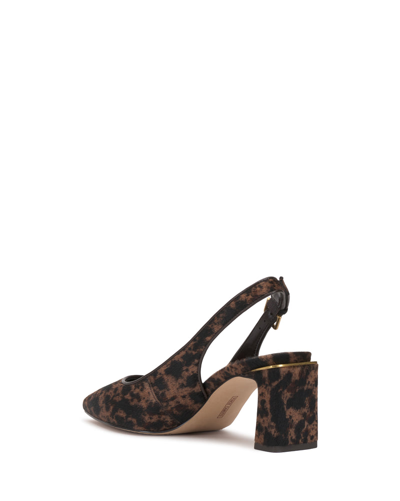 The Vince Camuto Hamden Pump is a women’s heeled shoe featuring a brown and black animal print pattern, a pointed toe, slingback strap, and a chunky block heel. The shoe is shown at an angle on a white background.