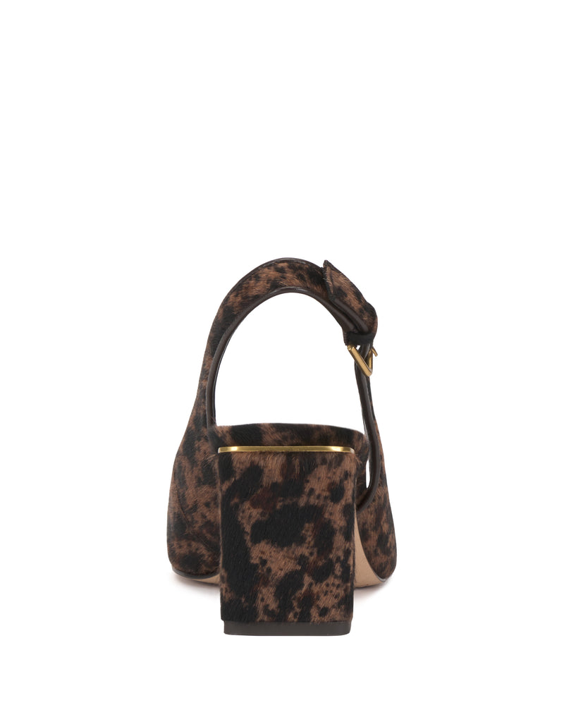 Back view of the Vince Camuto Hamden Pump, a women’s heeled sandal featuring a brown and black animal print pattern, closed heel, ankle strap with buckle, and a small gold accent above the block heel.