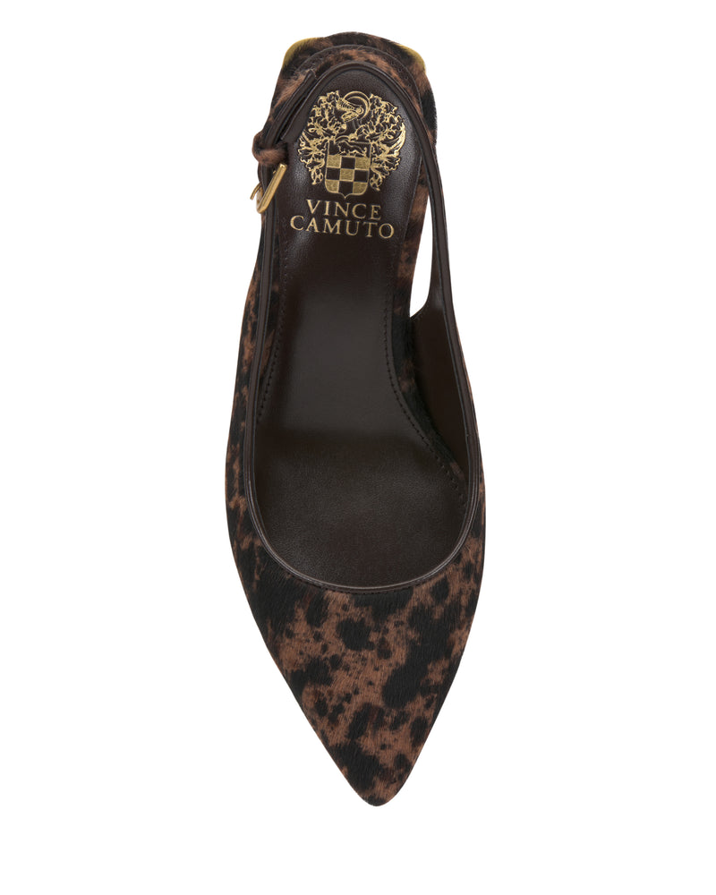 Top view of the Vince Camuto Hamden Pump, a pointed-toe women’s shoe featuring a brown and black animal print, a slingback strap, and gold Vince Camuto branding on the insole.