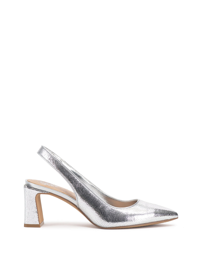 The Hamden Slingback by Vince Camuto is a silver metallic pump featuring a sleek point toe, block heel, and elegant slingback strap. Crafted from smooth leather, it is shown in side profile against a white background.